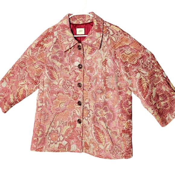 J. Jill Jackets & Blazers - J.Jill Pink Gold Floral Pearl Button Front 3/4 Sleeve Collar Tapestry Jacket 2X